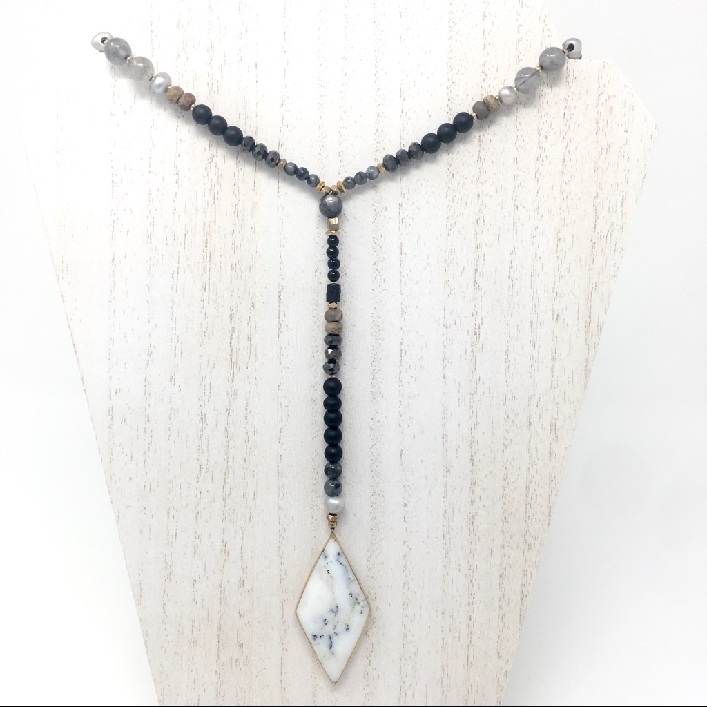 Anthropologie Nakamol Long Y Drop Pendant Necklace Stone Beads Crystal